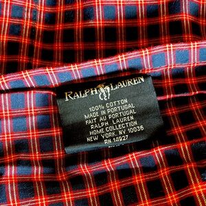 RALPH LAUREN Red Blue Small Windowpane Plaid Flat Sheet FULL Size Preppy Classic